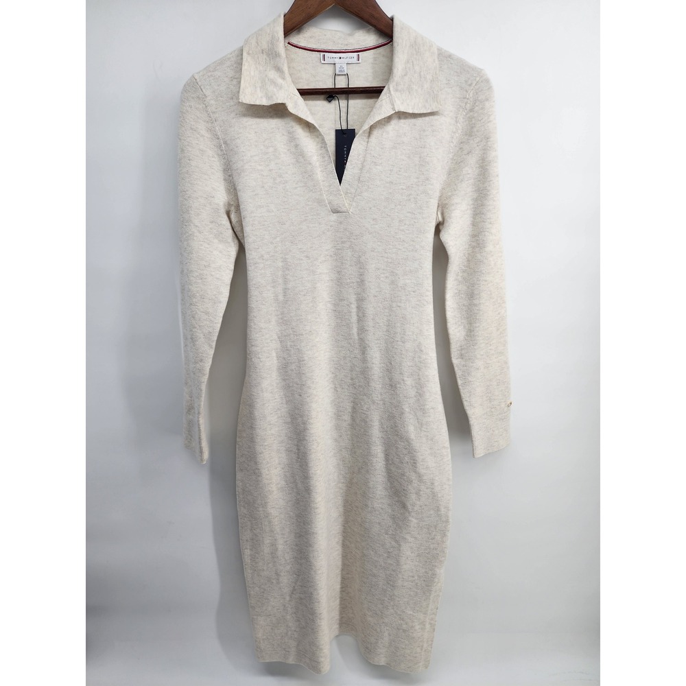 Tommy Hilfiger Heather Beige Collared V-Neck Long Sleeve Sweater Midi Dress XS - Picture 7 of 12